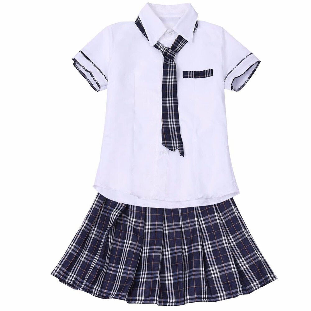 3325 School Uniform Cosplay Outfit Set Short Sleeve Shirt with Plaid Skirt